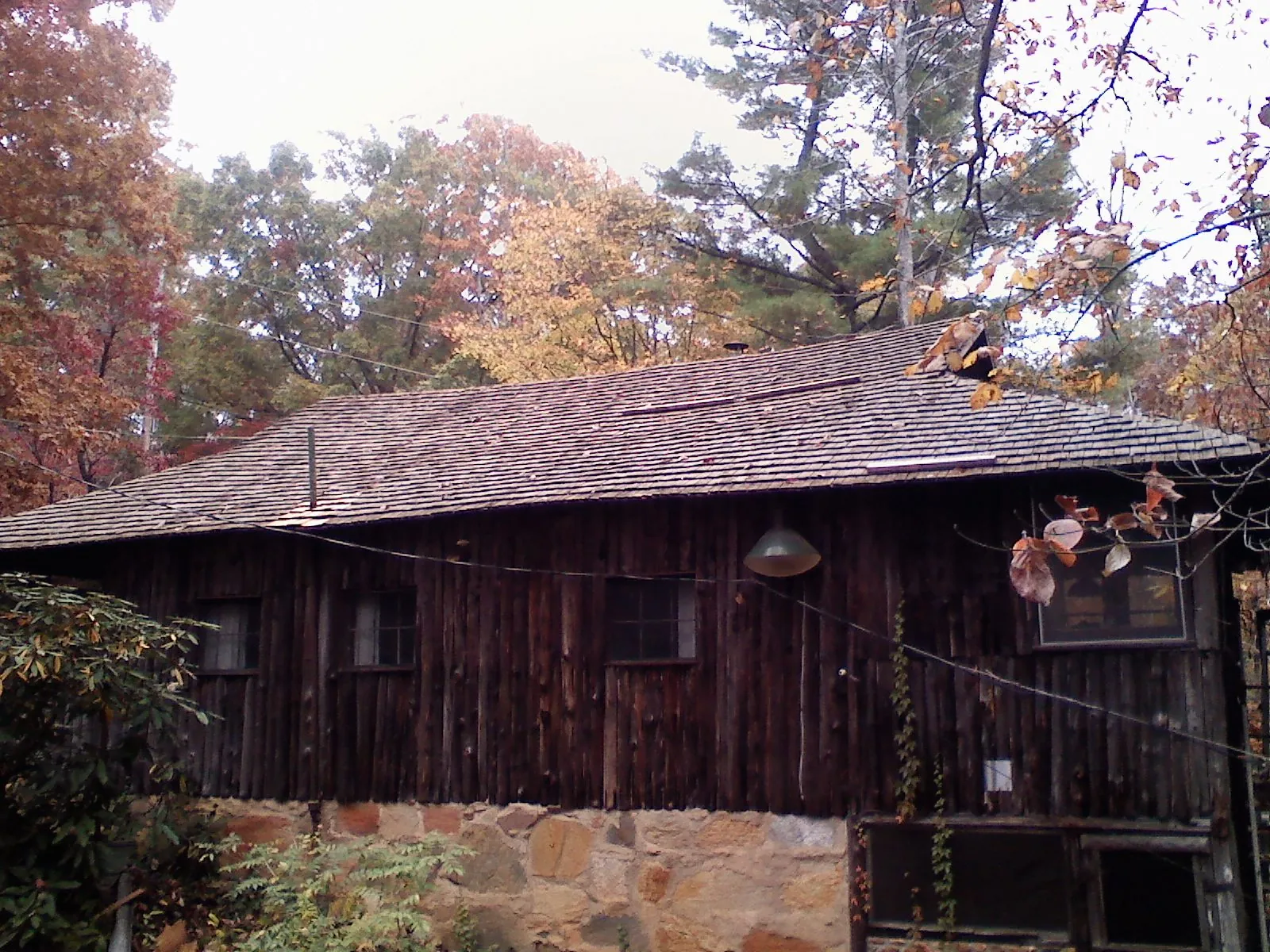 Weathered wood shake roof on a rustic board sided cabin in North Bergen